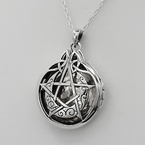 Witch Locket Necklace - Sterling Silver Wiccan Pentacle Spell Locket Crescent Moon Pentagram Pendant Apothecary Aromatherapy Jewelry