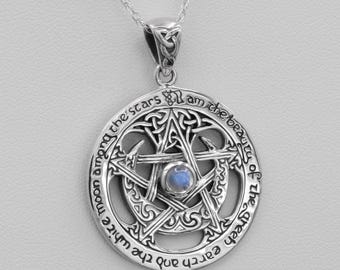 Grote maanpentagramhanger - maanpentagramketting van Dryad Design in sterlingzilver met regenboogmaansteen - Wicca-heksensieraden