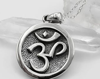 Om Pendant Sterling Silver - .925 Aum Symbol Necklace for Men or Women - Hindu Meditation Charm Medallion with Chain - Ohm Jewelry Gift