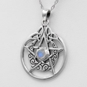 Wicca Necklace Pentagram Pendant - .925 Sterling Silver Nickel Free Moonstone Pentacle Crescent Moon - Wiccan Pagan Witchcraft Jewelry