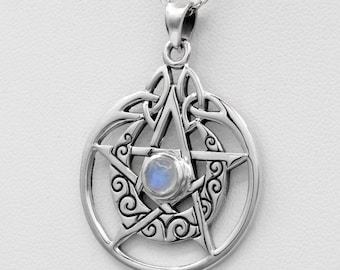 Wicca Necklace Pentagram Pendant - .925 Sterling Silver Nickel Free Moonstone Pentacle Crescent Moon - Wiccan Pagan Witchcraft Jewelry