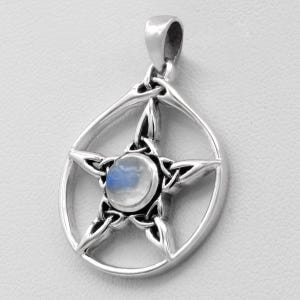 Celtic Triquetra Pentacle Pendant - Sterling Silver Wiccan Pentagram Necklace with Rainbow Moonstone Gemstone - Celtic Pagan Witch Jewelry