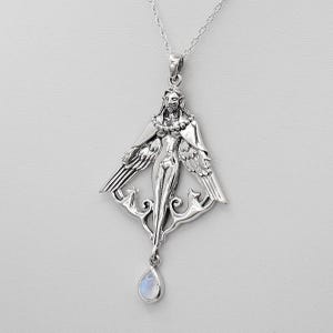 Freya Necklace - 925 Sterling Silver Freyja Pendant Norse Goddess of Love, War, Magic and Cats - Viking Garnet Moonstone Valkyrie Jewelry