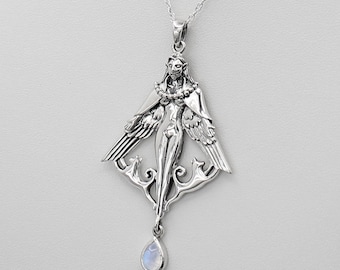 Freya Necklace - 925 Sterling Silver Freyja Pendant Norse Goddess of Love, War, Magic and Cats - Viking Garnet Moonstone Valkyrie Jewelry