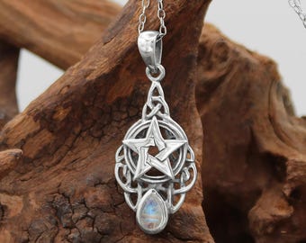Amethyst or Moonstone Pentacle Necklace for Women - Celtic Pentagram Pendant Sterling Silver - 1 1/8&quot; (28mm) Protection Necklace Amulet