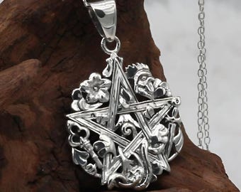 Italian Witchcraft Pentacle Necklace - Cimaruta Pendant - .925 Sterling Silver Pentagram Protection Necklace - Wiccan Amulet - Witch Jewelry