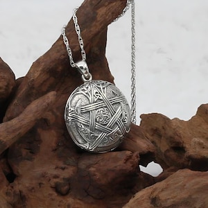 Sterling Silver Wicca Moon Pentacle Locket Necklace - Spell Locket Crescent Moon Triskelion Pentagram Pendant Aromatherapy Witch Jewelry