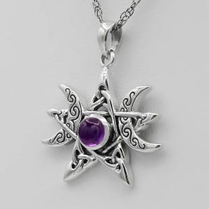 Amethyst Triple Moon Pendant - .925 Sterling Silver Witchcraft Moon and Pentagram Necklace - Pagan Necklace - Wiccan Jewelry