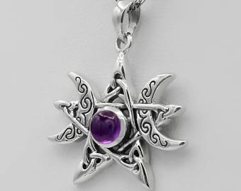 Amethyst Triple Moon Pendant - .925 Sterling Silver Witchcraft Moon and Pentagram Necklace - Pagan Necklace - Wiccan Jewelry