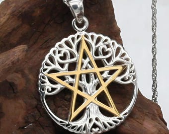 Tree Pentacle Necklace - 14K Gold Plated Sterling Silver Jewelry - Celtic Pentagram Pendant 1" - Elegant Witch Necklace - Witchcraft Jewelry