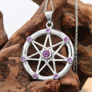 Large Star Necklace Sterling Silver - Faery Star 7 Pointed Star Shaped Pendant Necklace - Amethyst Star Amulet - Wiccan Pagan Jewelry