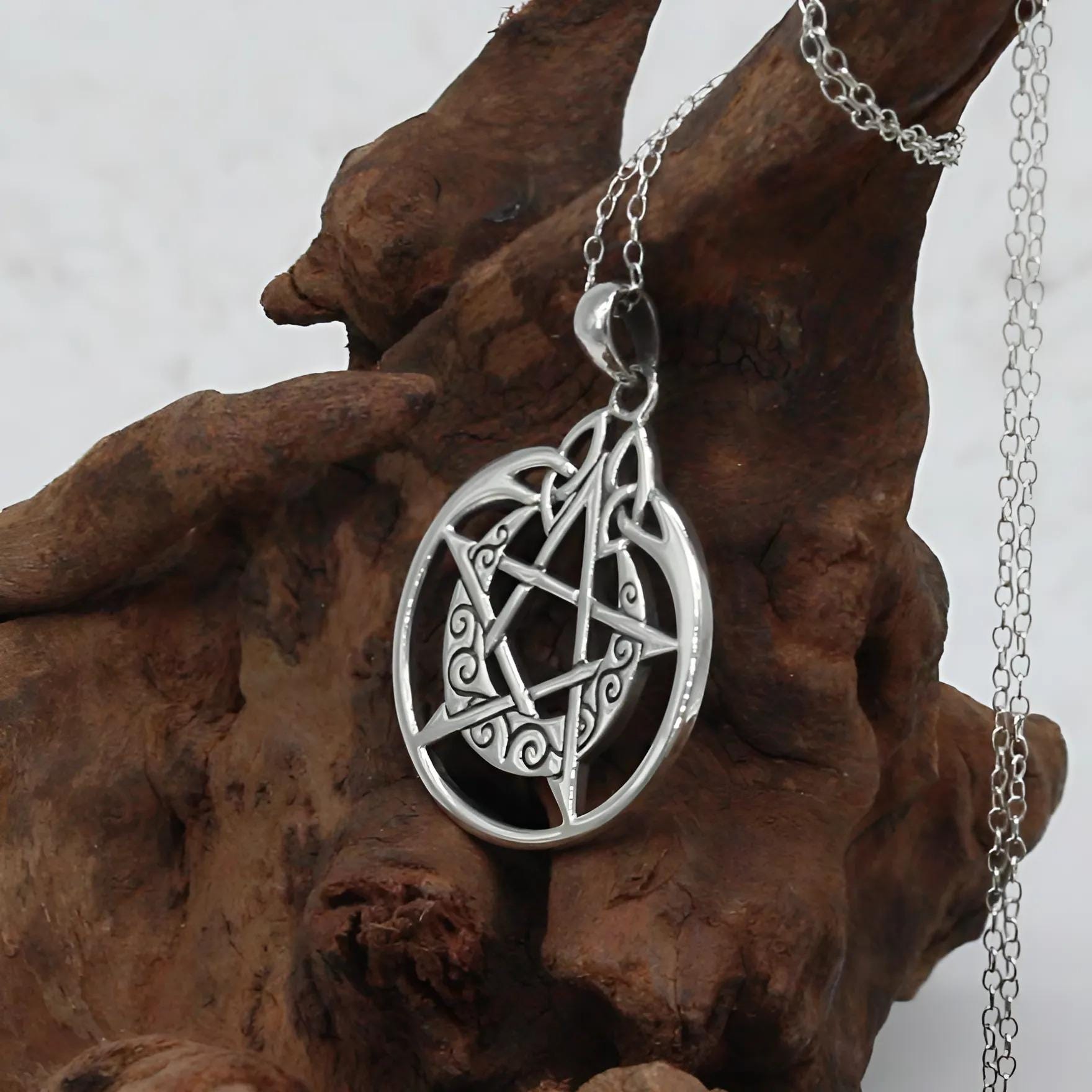 Wicca Protection Pentagram Pendant - .925 Sterling Silver Crescent Moon ...