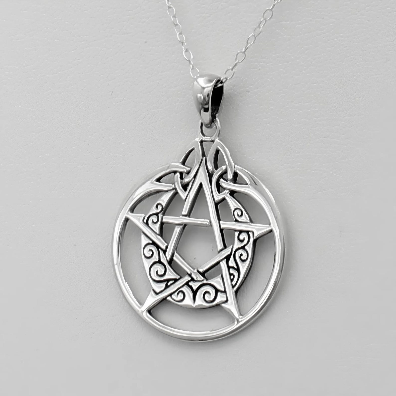 Wicca Protection Pentagram Pendant - .925 Sterling Silver Crescent Moon ...