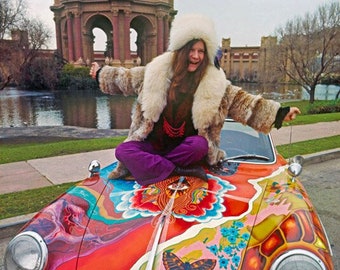 Famous Singer JANIS JOPLIN on her Porsche Glossy 8x10 or 11x14 Photo Print Celebrity Poster