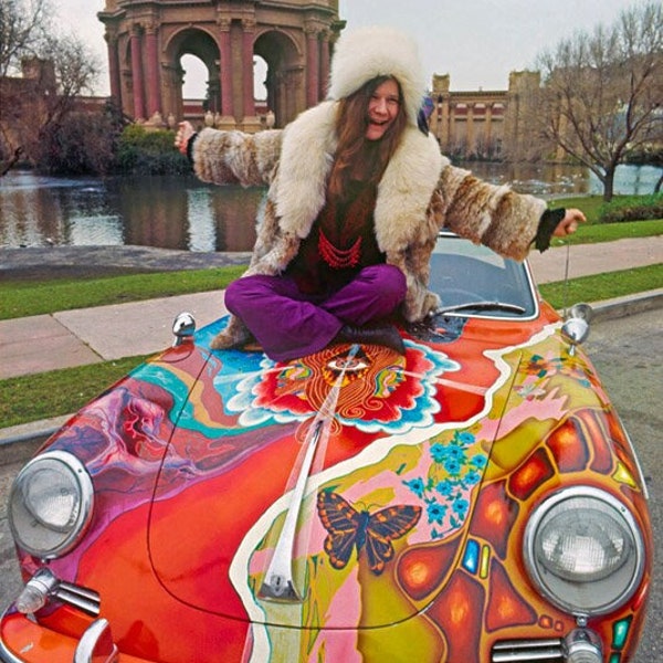 Famous Singer JANIS JOPLIN on her Porsche Glossy 8x10 or 11x14 Photo Print Celebrity Poster