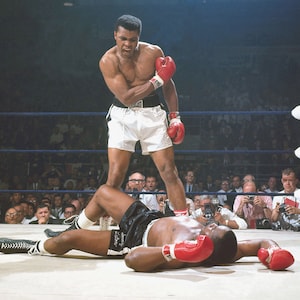 May include: A boxer in white shorts and red boxing gloves stands over a fallen opponent in a boxing ring. The opponent is wearing black shorts and red boxing gloves. The boxer is looking down at his opponent with a determined expression. The crowd is visible in the background.