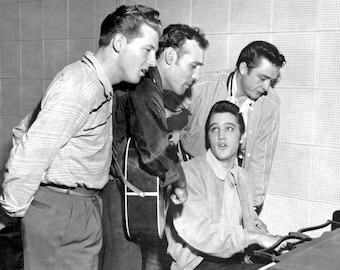 Elvis Presley, Jerry Lee Lewis, Carl Perkins and Johnny Cash Glossy Photo Print - Vintage Celebrity Poster