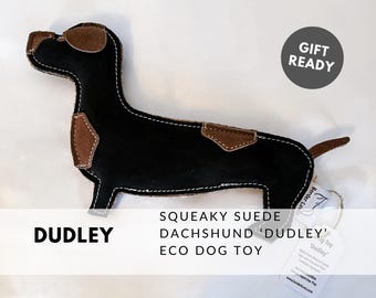 DUDLEY DACHSHUND |Squeaky Sausage Dog Toy Gift |Squeaky, Black Suede, Natural Jute Stitching and stuffed with Biodegradable Coconut Fibre
