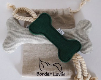 WOOL BONE DOG Toys |Pack of 2 High Quality Handmade Dog Toys | Green Squeaky Wool Bone and Green Felt Rope Toy|Unique Dog and Owner Gift Set