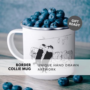 TAZA BORDER COLLIE / Taza de café de viaje única con esmalte para autocaravana con ilustraciones de nuestros propios 2 perros Border Collie en busca de ovejas / Lindo regalo