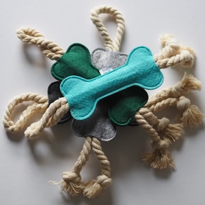 FELT DOG TOY | Non Squeaky New Puppy Soft Felt Toy Gift | Small Dog Toy | Light tug and Chew Dog Toy | Sustainable Easter Dog Rope Toy Gift