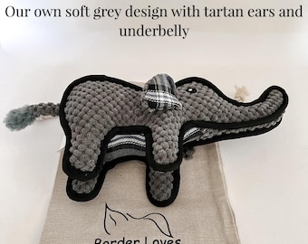 TUFFY DOG TOY Gift | Squeaky durable grey Elephant in Sustainable Cotton Gift Bag | Recycled Stuffing | Tartan Patterned Cute Dog Owner Gift