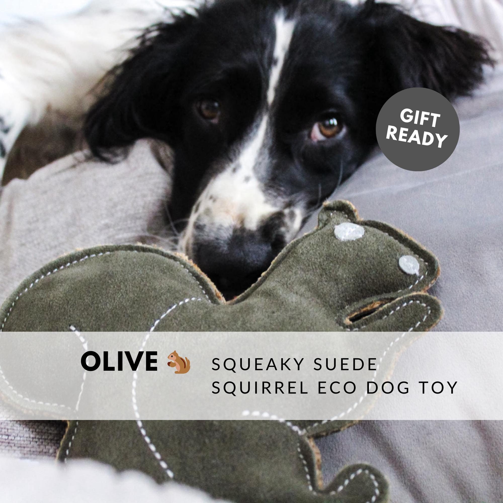 OLIVE DOG TOY | Squeaky Durable Squirrel, Handmade in Green Suede, Jute Stitching and stuffed with biodegradable Coconut Fibre |Eco Dog Gift