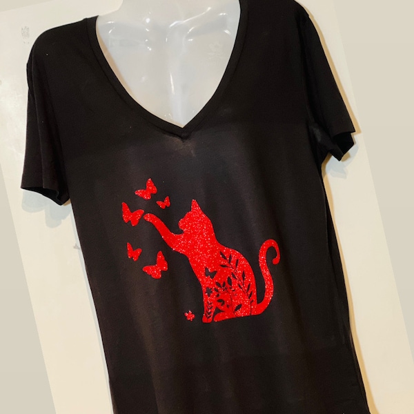 Katze, Schmetterling, V-Shirt, T-Shirt, Damen Shirt, V-Ausschnitt, Katzenliebhaber