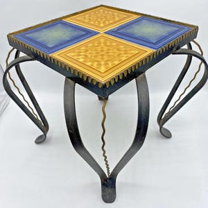 Antique french plant table Mid-1900&#39;s ceramic tiles wrought iron