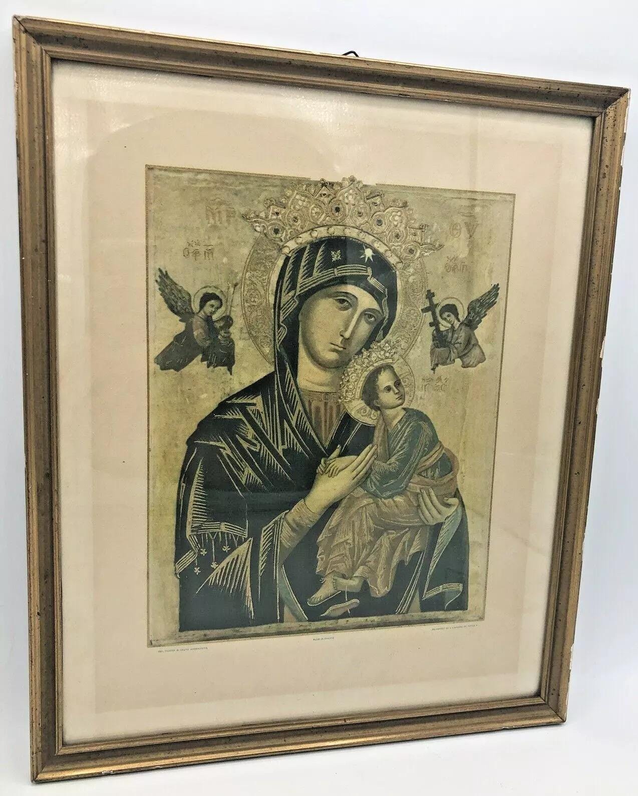 【アンティーク】古いフレーム付き宗教画 アンティーク フランスの宗教画 1900 年代初頭 金箔木製フレーム