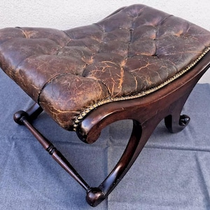 Large antique Chesterfield foot stool Mid-1900&#39;s leather wood 17lbs