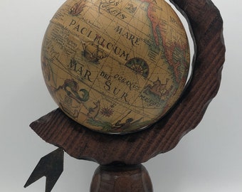Vintage spanish decorative earth globe 1970's wood base