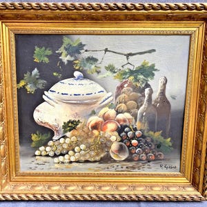Large antique french oil painting signed R.Gilber 19th century gilded wood frame