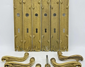 Juego de 3 pomos y manijas grandes para puertas francesas antiguas de principios del siglo XX, de bronce, estilo castillo.