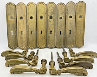 4 juegos de pomos y manijas de puerta italianas antiguas, estilo castillo de bronce de mediados del siglo XX