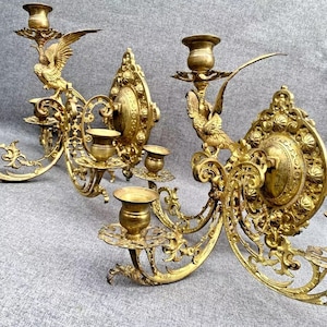Large antique pair of french sconces 19th century gilded bronze birds