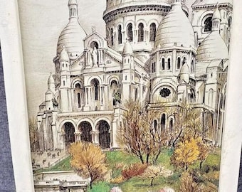May include: A vintage illustration of the Sacré-Cœur Basilica in Paris, France. The white building is depicted with intricate details and surrounded by green trees and a park with pink flowers. The text "Paris - Sacré-Cœur" is visible at the bottom of the image.