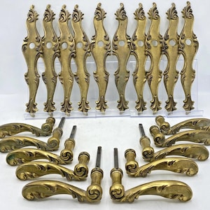 Può includere: Una collezione di ferramenta per porte antiche in ottone, tra cui placche ornate e maniglie curve. L'hardware presenta un design floreale dettagliato e una calda patina invecchiata. Il set include 12 placche e 12 maniglie.