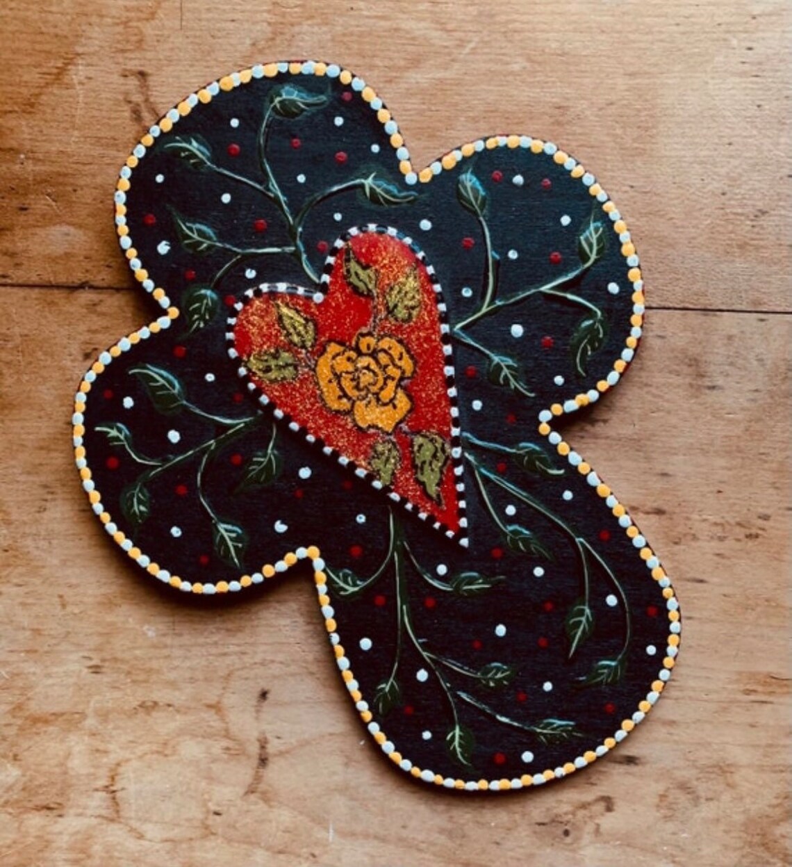 Rose Cross, Heart Cross, Hand Painted Cross, Folk Art Cross, Christian Gift, Wall Decor, Under