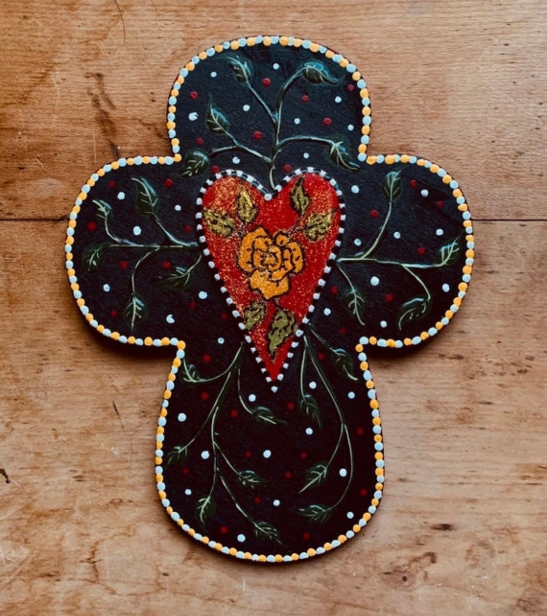 Rose Cross, Heart Cross, Hand Painted Cross, Folk Art Cross, Christian Gift, Wall Decor, Under