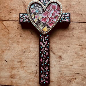 One of a kind Cross art, heart cross, hand made cross, hand painted cross, religious gift. FREE heart with this purchase
