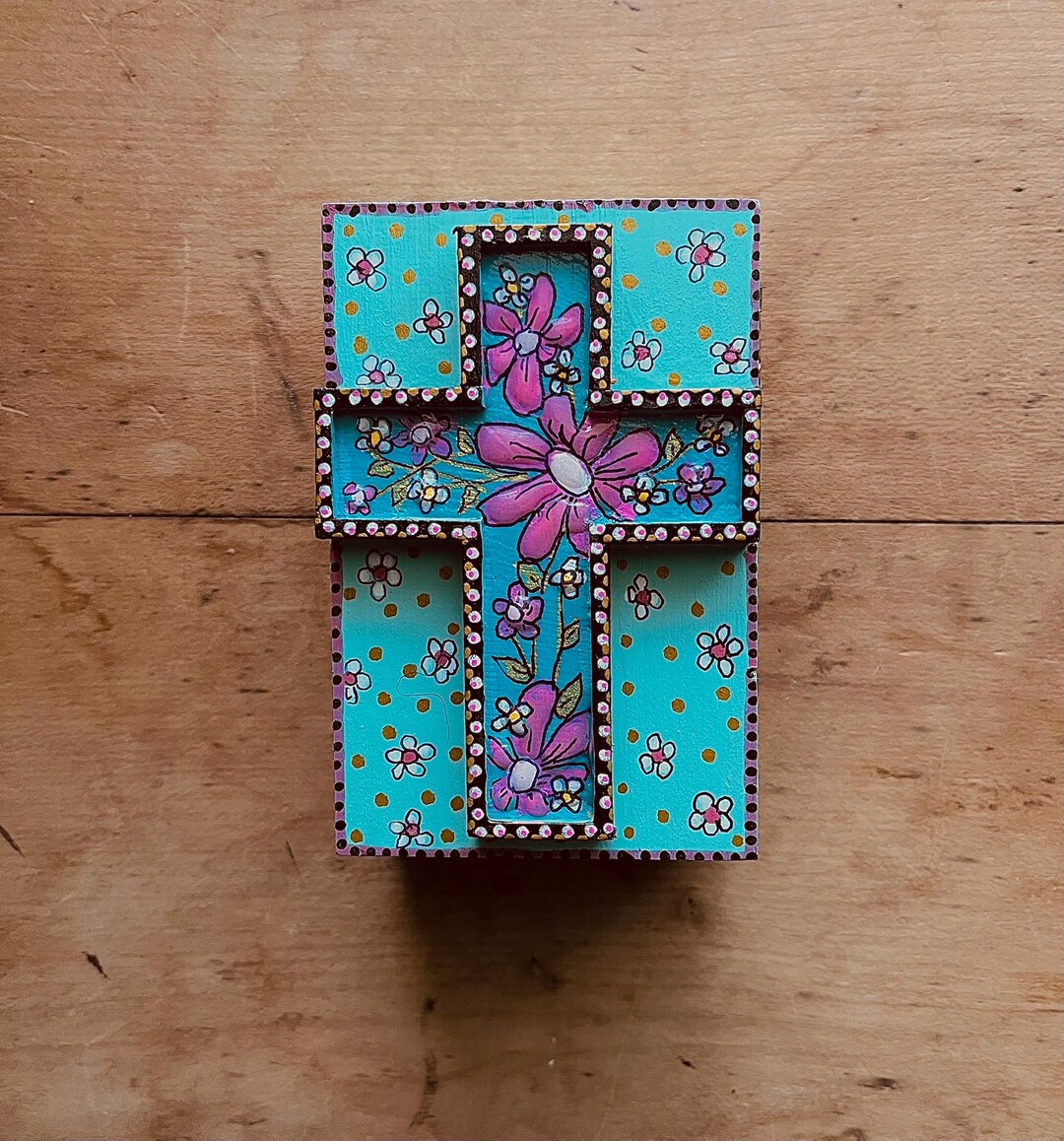 Hand Painted Wooden Cross Trinket Box: Floral Keepsake Jewelry Storage ...