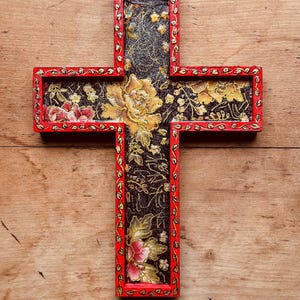 Hand painted, one of a kind, decorative, decoupaged, glittered, floral, rose, wall decor cross for your cross collection