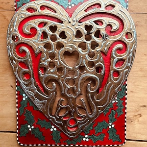Christmas, Bronze colored Heart Assemblage Art, Folk Christmas Decor, Handcrafted Wood Frame