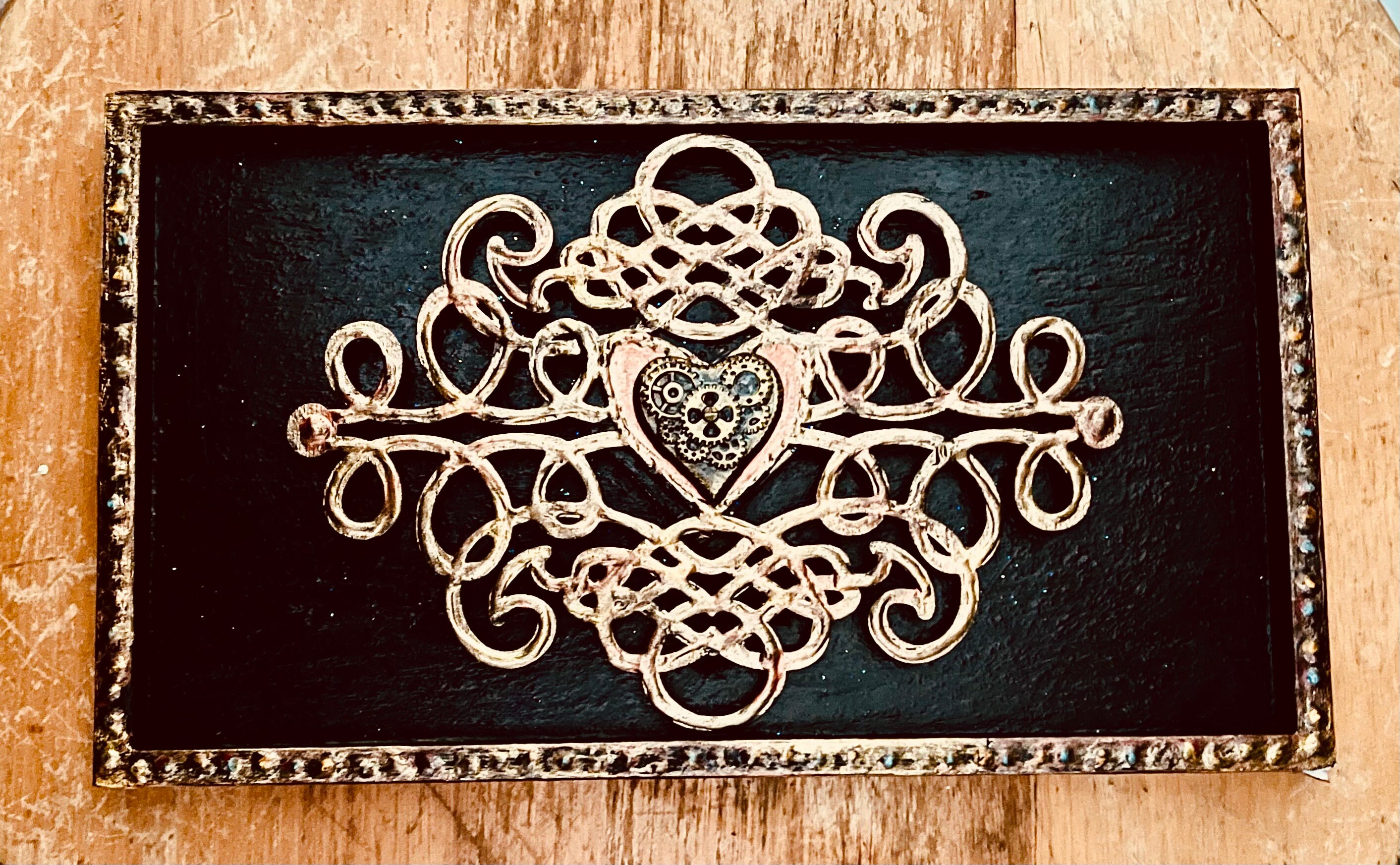 Steampunk Heart Mixed Media Folk Art, Hand-Painted Aged Wood Frame