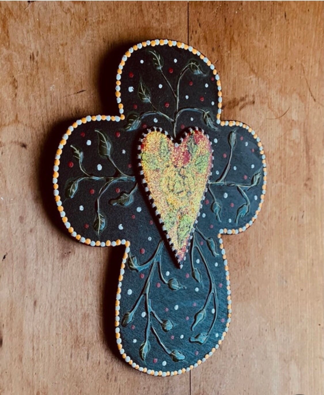 Rose Cross, Heart Cross, Hand Painted Cross, Folk Art Cross, Christian Gift, Wall Decor, Under