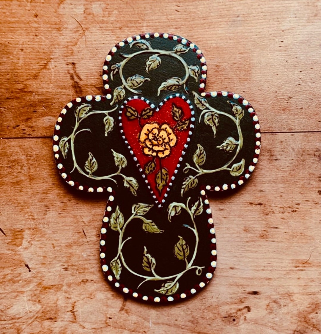 Rose Cross, Heart Cross, Hand Painted Cross, Folk Art Cross, Christian Gift, Wall Decor, Under