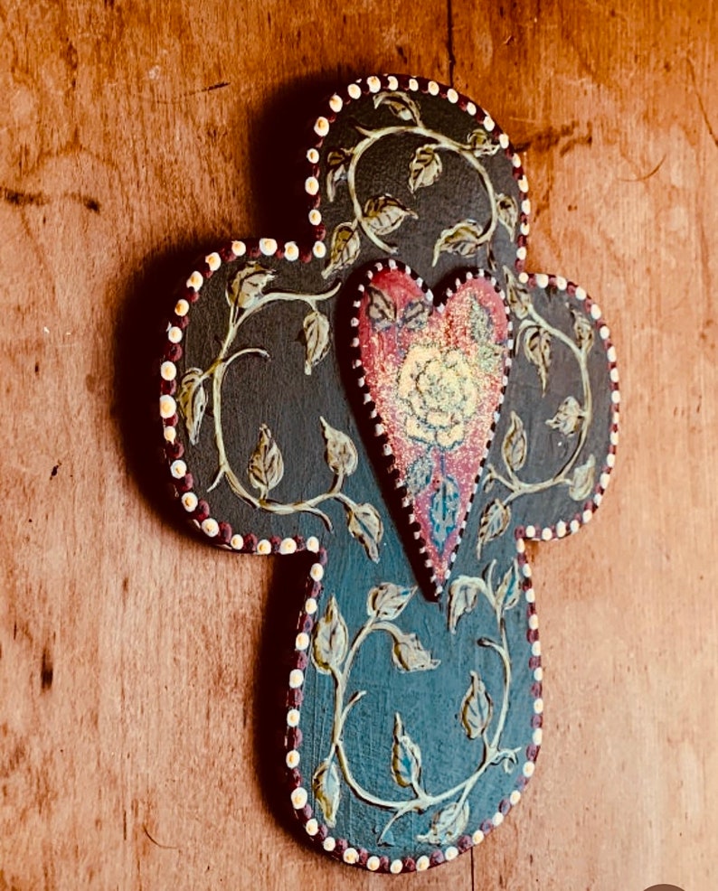 Rose Cross, Heart Cross, Hand Painted Cross, Folk Art Cross, Christian Gift, Wall Decor, Under