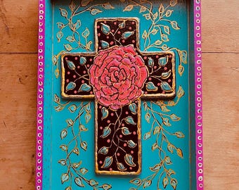 Hand-Painted Rose Cross Shadow Box: Folk Art Religious Gift
