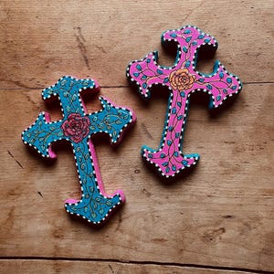 rose cross, hand painted cross, one of a kind cross, wall cross, decorative cross, religious gift, FREE heart with purchase
